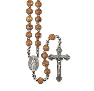 7mm Light Brown Wood Bead Rosary with a Carved Cross and Silver Spacers - 01180LB