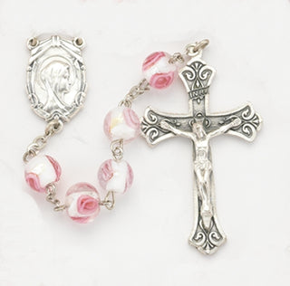 Pink Venetian Glass Encased Rose Bead Rosary - 1182PK