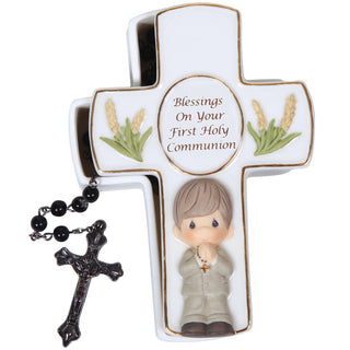 Blessings On Your First Holy Communion Bisque Porcelain Covered Box With Rosary, Boy - 123407