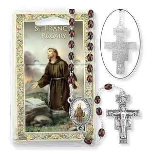 Brown Wood Bead Saint Francis Rosary - 132-310
