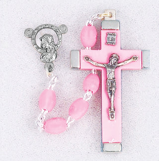 Pink Oval Plastic Bead Rosary - 137PK