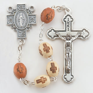 Beige Cross Stamped Wood Bead Rosary - 1710