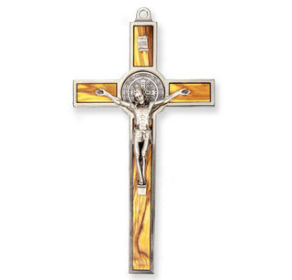 7" St. Benedict Wall-Mount Crucifix - Silver Cross with Wooden Inlay - 2167S