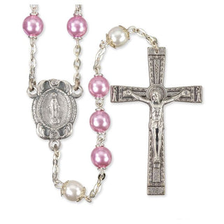 Pink White Rosary - 7mm Pearl Beads - 2303PK