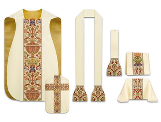 Set: roman chasuble with stole, maniple, burse and chalice veilDupion - 30% viscose 70% polyester - Beige