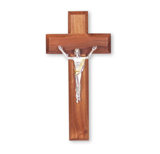 8" Wall-Mount Risen Christ Crucifix - Cherry Wood Cross, Antique Silver Corpus - 30A-8C1