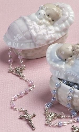 Baby Girl Porcelain Box with Rosary - 31009