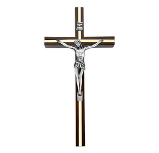10" Wall-Mount Crucifix - Walnut with Brass Inlay Cross, Antique Silverplated Corpus - 411A-10W34