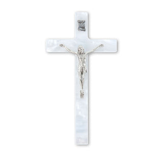 7" Wall-Mount Crucifix - White Pearlized Cross, Pewter Corpus - 41P-7WP