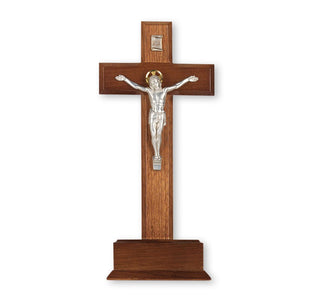 10" Standing Crucifix - Walnut Cross, Italian Silver Tone Salerni Corpus - 42A-10W7