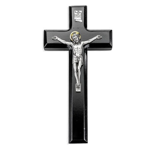 9" Wall-Mount Crucifix - Black Cross, Antique Silver Corpus - 42A-9B1
