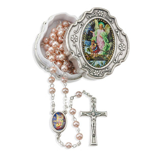 Pink Guardian Angel Rosary with Crucifix - 4mm Glass Beads - 4350P-350MB