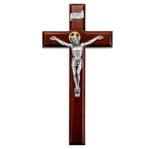 11" Wall-Mount Crucifix - Dark Cherry Cross, Antique Silver Corpus - 43A-11R1