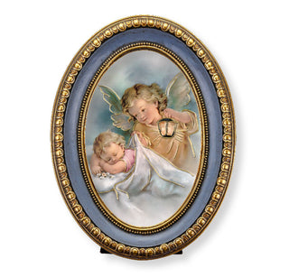 Guardian Angel with Lantern Print in Oval Gold-Leaf Frame - 5.5 x 7.5" - 457-352