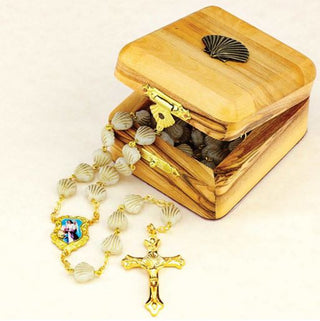 49LR-B Olive Wood Box with Shell Rosary