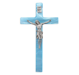 7" Wall-Mount Crucifix - Blue Pearlized Cross, Pewter Corpus - 50P-7BP