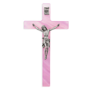 7" Wall-Mount Crucifix - Pink Pearlized Cross, Pewter Corpus - 50P-7PP