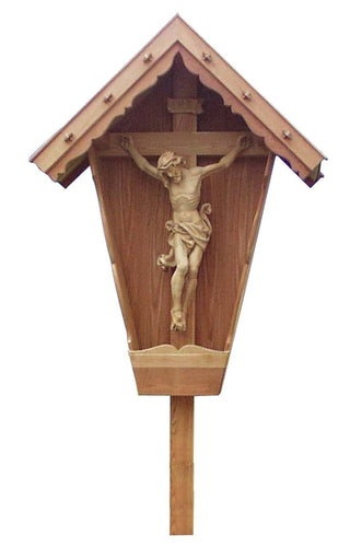Larch Wood Leonardo Crucifix in Weatherproof Wayside Shrine - 715000