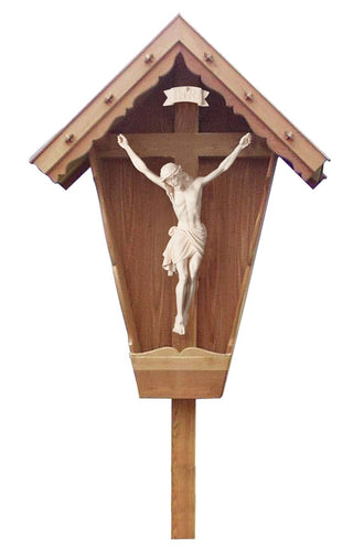 Larch Wood Siena Crucifix in Weatherproof Wayside Shrine - 715001