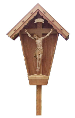 Larch Wood Siena Crucifix in Weatherproof Wayside Shrine - 715001