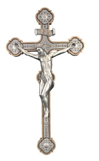 SR-76435-PE, Ornate Crucifix, Pewter Style Finish, Golden Highlights, 14inches