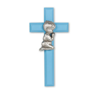 7" Praying Boy Blue Wooden Cross - 85B-7B1