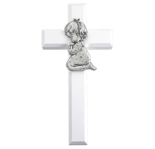 7" White Wood Cross Pewter Praying Girl - 85G-7L1