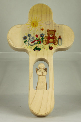 Painted Wooden Cross With Angel - 99811-8INCH