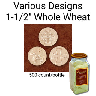 1-1/2" Whole Wheat Altar Bread - Three Various Designs - 500 / Bottle - CAV112WWBT
