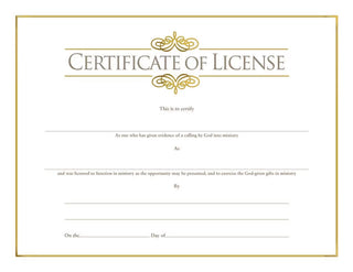 Certificate Of License For Minister Foil Stamped - CC06-08820