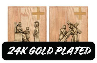 Stations of the Cross, 1-14, Gold Plated, Mounted on Wood Plaques - K-379-GP-OAK