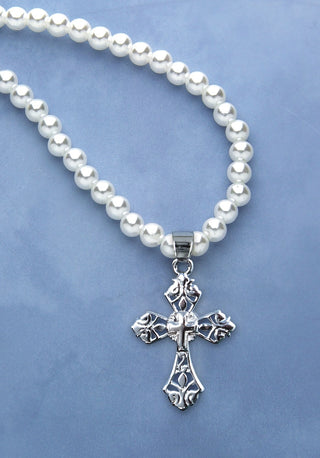 Glass Pearl Necklace with Crucifix - DVT13523