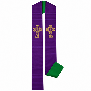 CLERGY CELTIC CROSS REVERSIBLE GREEN/PURPLE STOLE - HBR610GR/PUR