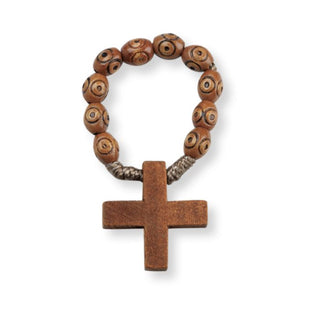 Light Brown Wood Cross Rosary Ring - HIR956-05