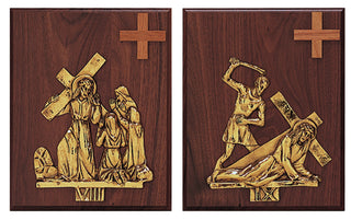 Stations of the Cross, 1-14, Gold Plated, Mounted on Wood Plaques - K-379-GP-WAL