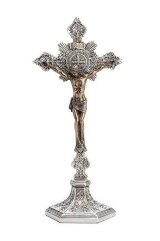 St. Benedict 7.75" Cold Cast Bronze Corpus Pewter Style Cross - SR-77600-PB