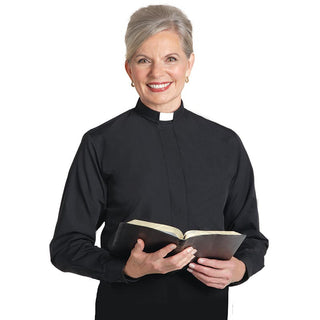 Women Clergy Shirt - Long Sleeve Tab Collar - Black | White - SW-LONG