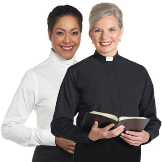 Women Clergy Shirt - Long Sleeve Tab Collar - Black | White - SW-LONG