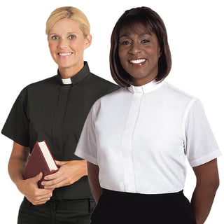 Women Clergy Shirt - Short Sleeve Tab Collar - Black | White - SW-SHORT