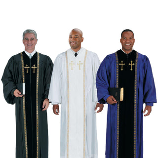 Oxford Pulpit Robe - Black/Purple/White - Gold Lace Trim - YC785