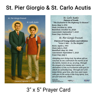 St. Carlo Acutis & St. Pier Giorgio - Paper Holy Card, Pack of 100 - 3" x 5" - CI-CA-PG-3X5-100