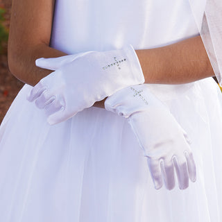 First Communion Satin Gloves W/ Pearl Cross - F2018