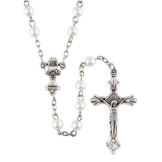 White Imitation Pearl Rosary - J5604