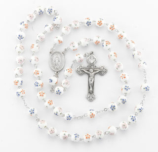 White & Orange Glass Flower Bead New England Pewter Rosary - PR5980WO