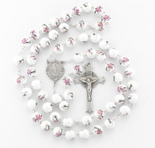 White & Pink Glass Flower Bead New England Pewter Rosary - PR5980WP