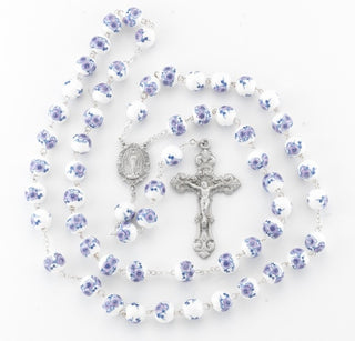 White & Violet Glass Flower Bead New England Pewter Rosary - PR5980WV