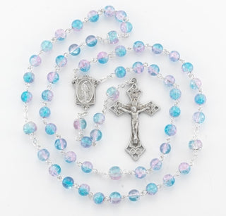 Aqua & Pink Crackle Glass Bead New England Pewter Rosary - PR5986AP