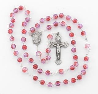 Ruby & Amethyst Crackle Glass Bead New England Pewter Rosary - PR5986RA