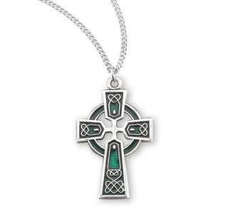 Sterling Silver Green Enameled Irish Celtic Cross Pendant - S1794E18