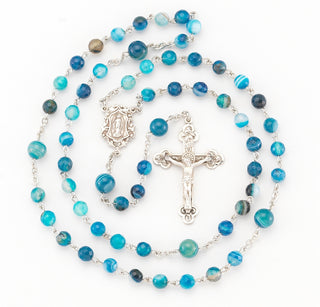 Round Blue Agate Bead Rosary - S7101BA